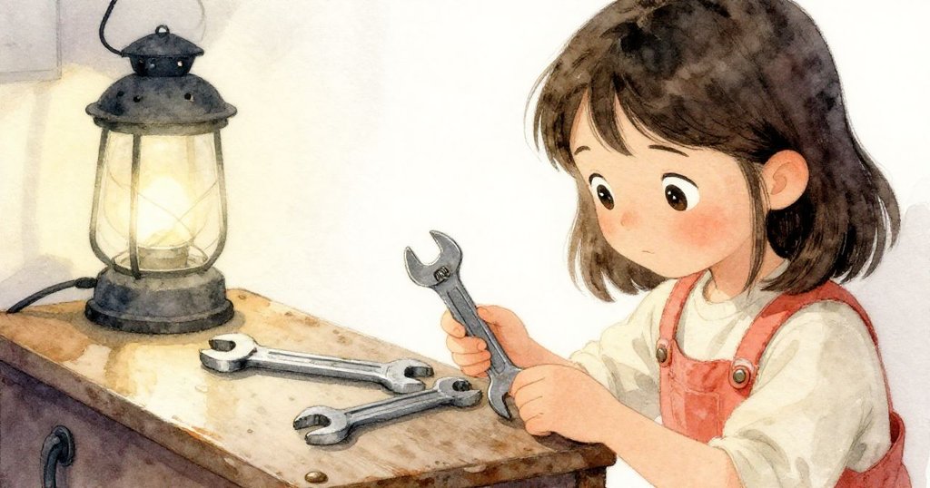 Pia 俯身檢視桌上三把扳手,每個扳手顯示過往痕跡,充滿好奇與堅持。