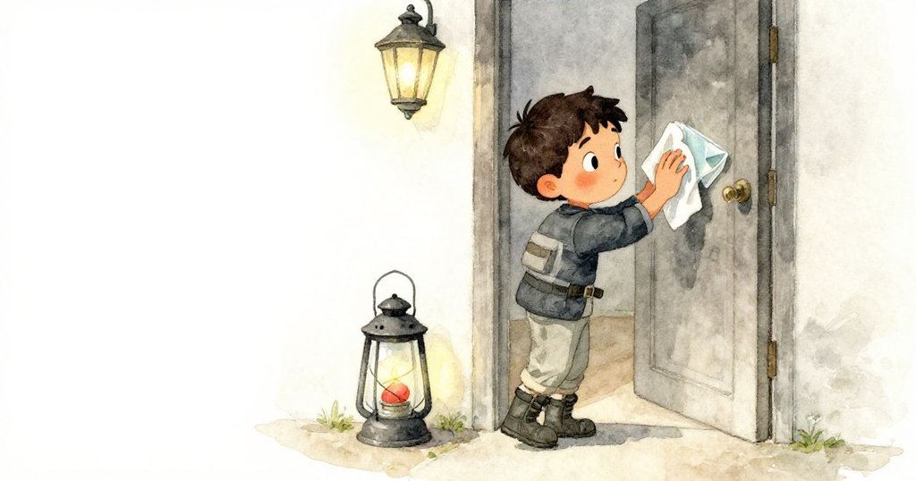 Cruz 踏入門口轉換空間,濕潤的步伐映襯古老機械,他表情關切與決心。