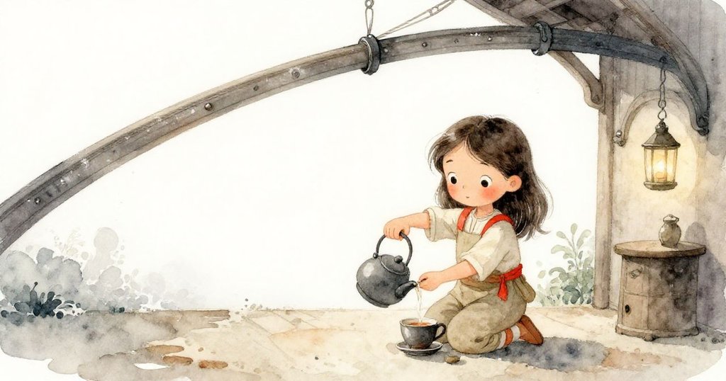 Pia 靜坐倒茶,孤單茶杯旁展示古老鐘室,遠處光束掃過海面,最終平靜與溫馨。