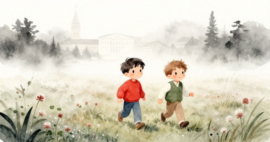 喬爾與格蘭特於晨霧中沿著鋪滿三葉草的小徑前行，神情充滿好奇與期待，遠方隱約現代建築映襯自然。