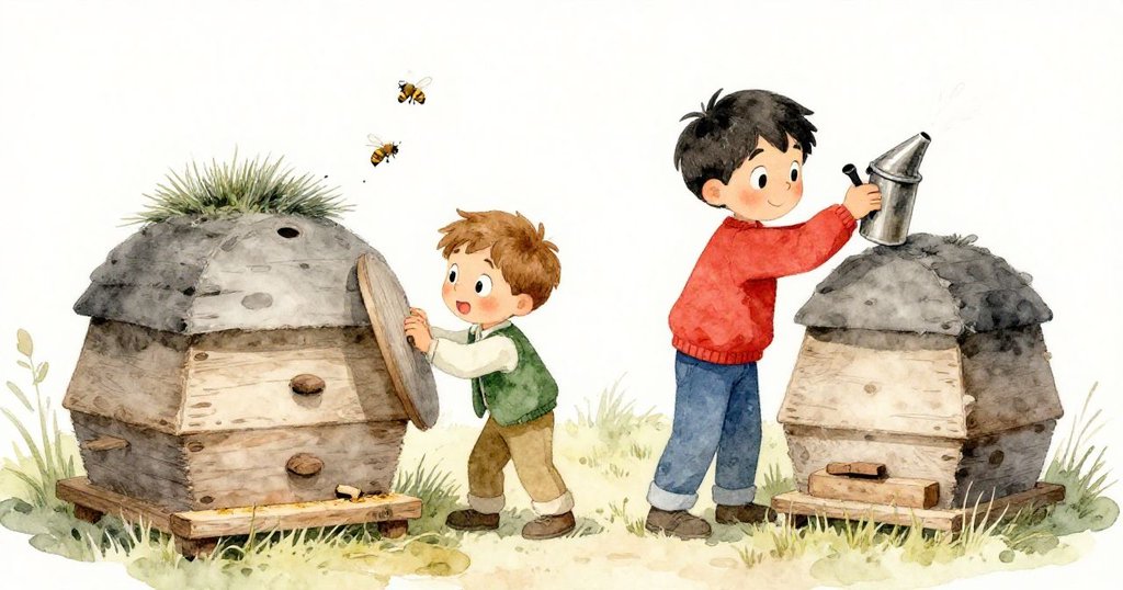 格蘭特調整歪斜的蜂煙器，喬爾小心打開松木蓋，蜜蜂從入口緩緩飛出，兩人滿含專注與輕柔驚喜。