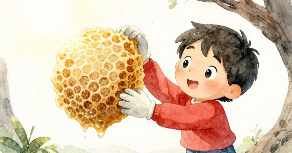 喬爾戴著手套仔細轉動蠟梳，陽光下蜜蠟滴珠閃爍，展示出細膩裂痕與輕微彎曲，表情充滿驚奇。