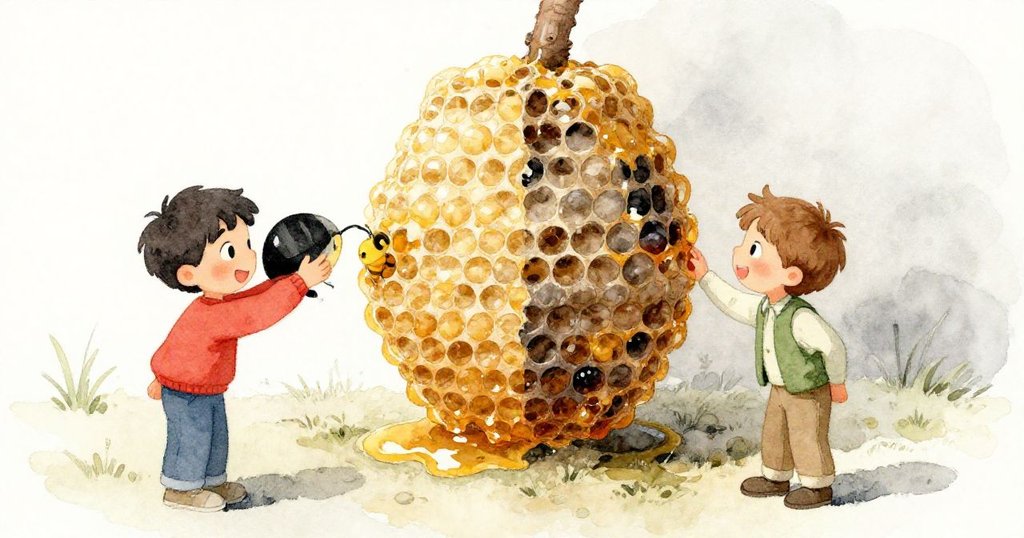 喬爾與格蘭特分別注視蠟梳兩面，一面純淨，一面覆滿歷史痕跡與蜂膠，臉上流露驚奇與深思。