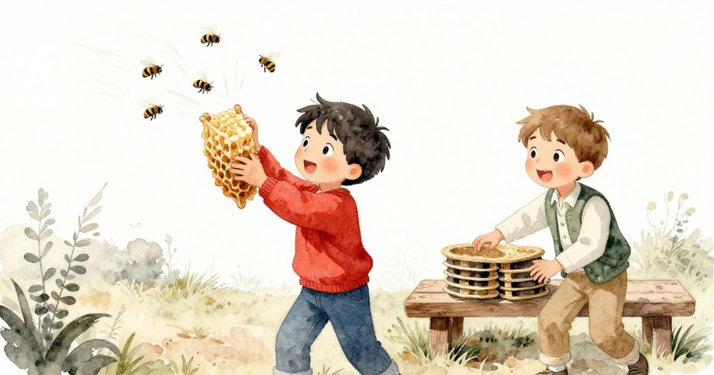 喬爾旋轉蠟框引發蜜蜂隨微風吹動，格蘭特專注堆放空箱，動作流暢彰顯連鎖反應，氣氛充滿活力與默契。