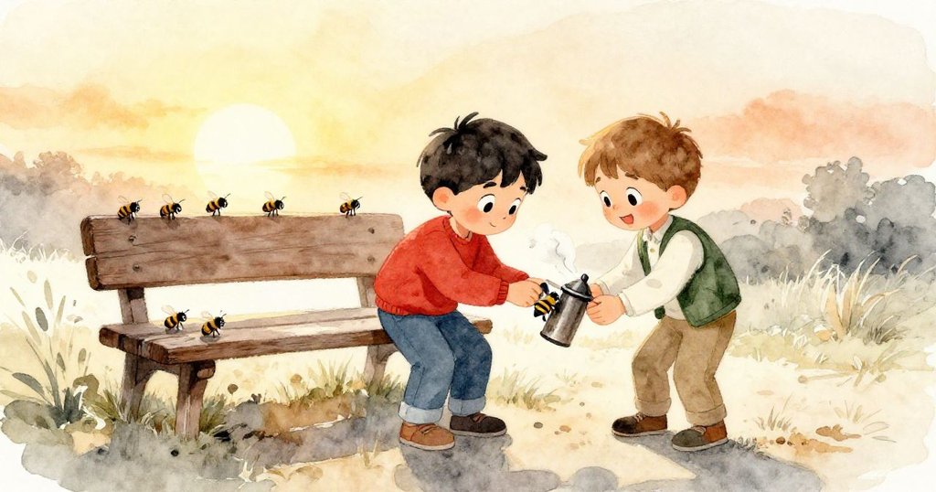 喬爾與格蘭特在金色夕陽中協同關閉蜂煙器蓋，蜜蜂逐漸靜止於鄉野間，現場溫暖平靜映襯出滿足情懷。