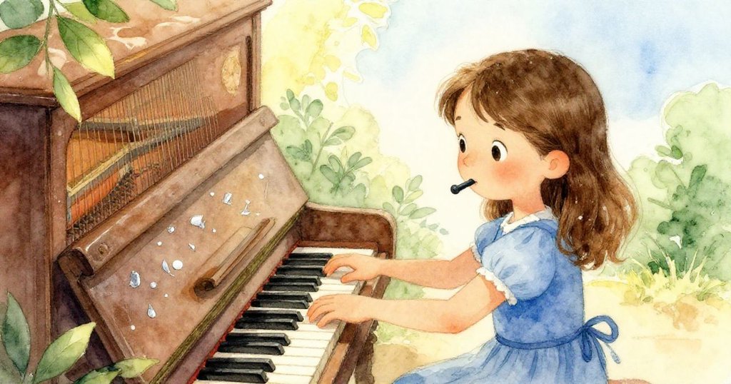 Zara專心地將橡膠消音器插入鋼琴弦中，在柔和晨光中揭示鋼琴上的銀色刻痕，表情專注充滿希望。