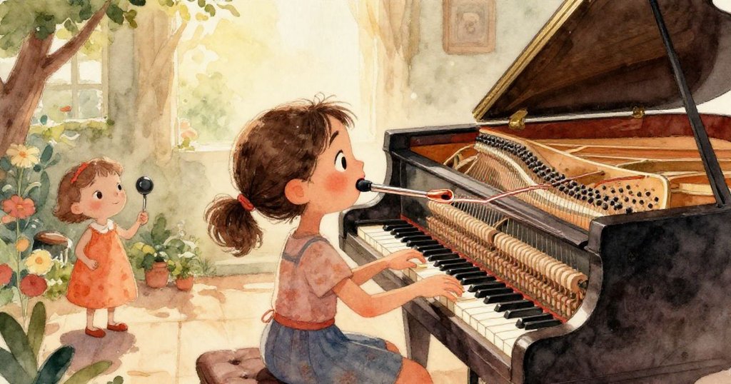 Zara細心地用手拂去鋼琴上銹綠與塵埃，極致特寫呈現細膩質感與時光痕跡，神情專注。