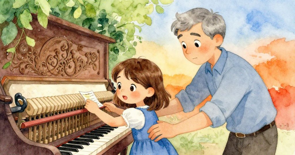 Zara與Axel在鋼琴前互動，Zara輕敲筆記本邊緣，Axel調整操縱桿，室內光影層次豐富且充滿溫暖記憶。