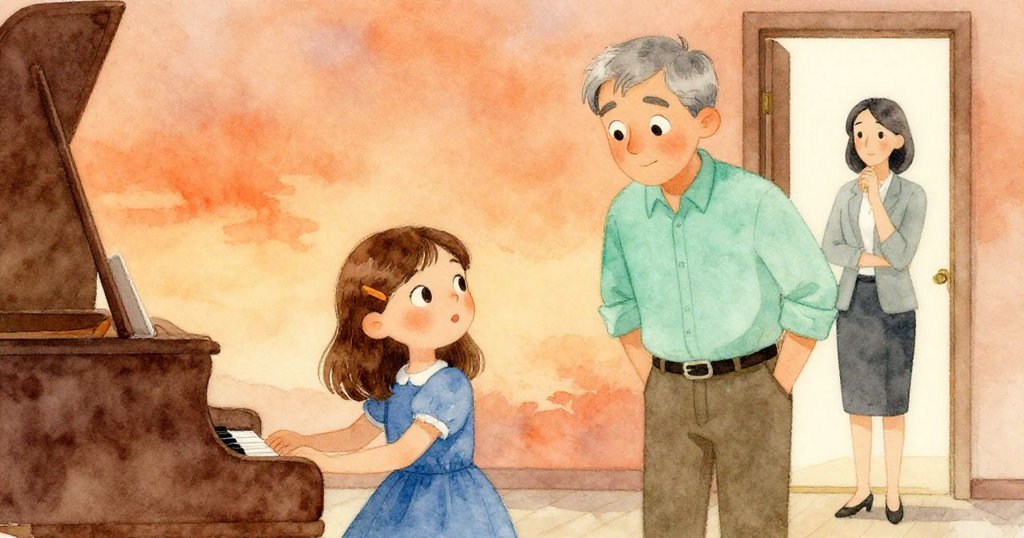 Zara與Axel在鋼琴旁專注工作，門口活動策劃者咀嚼鉛筆，桌上散落圖表，室內溫暖懷舊，氣氛凝重。