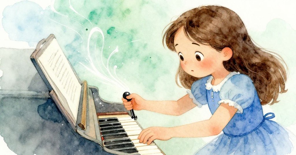 Zara專注操作鋼琴調音銷，鏡頭捕捉動態模糊與微塵飛舞，臉上展露出緊張卻堅定的神情。