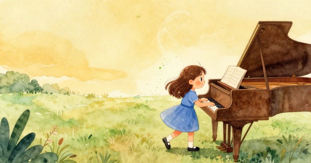 Zara輕合鋼琴蓋，塵埃繞綠斑飛舞，面露沉思與決心，柔和光影中邁向全新未來，充滿希望。