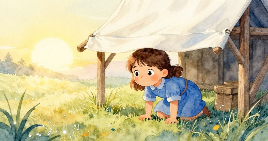 Nina在晨曦中穿越鄉村帳篷，動作靈活，剪影清晰，草地與晨光映襯出溫暖開端。