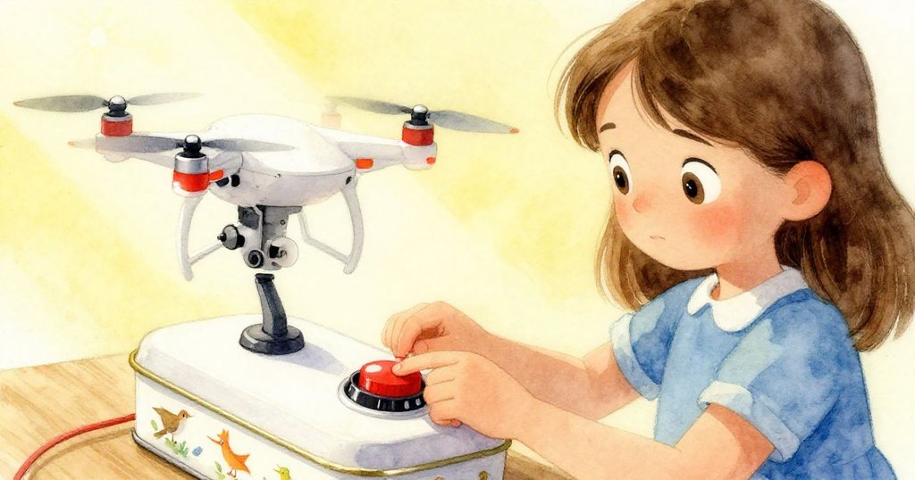 Nina在室內專注操作飛行器控制器，雙手靈巧調整儀表，旁邊古早鳥繪咖啡罐靜謐陪伴。