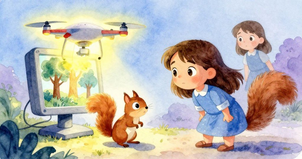 Nina操作設備間，一隻小松鼠好奇凝視閃爍樹冠影像，鄉村空間中生機勃勃。