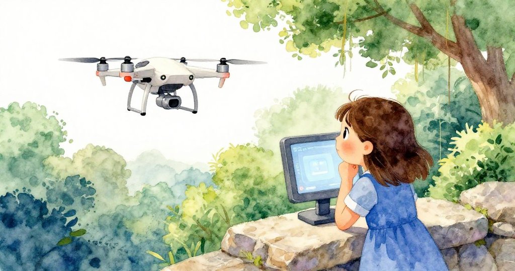 Nina透過高視角觀望飛行器穿梭樹梢，屏幕展現綠意與岩石層次，充滿探索自然之美。