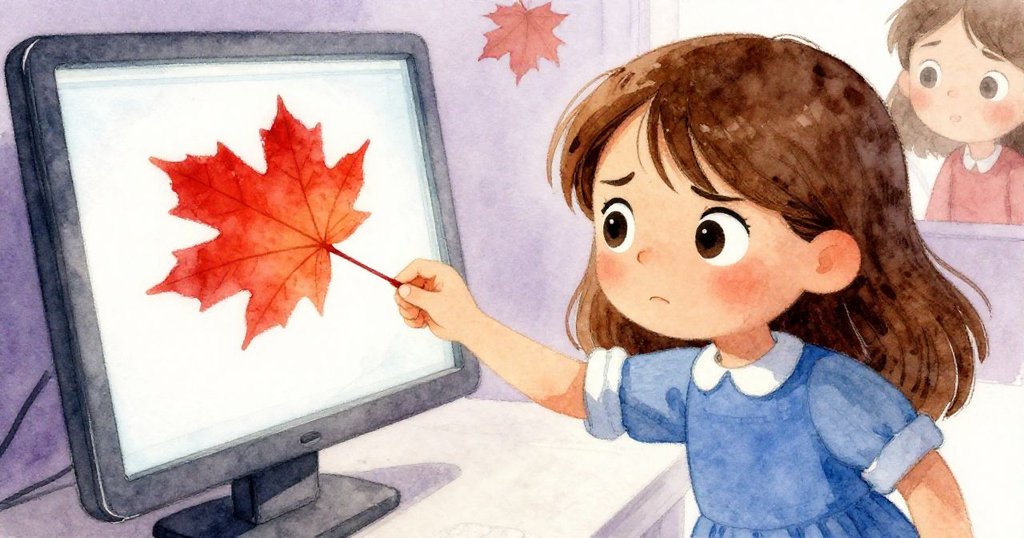 Nina面對屏幕上旋轉的緋紅楓葉，神情凝重且堅定，室內光影營造出緊張氣氛。