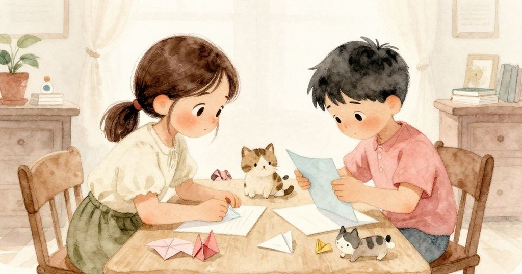 Greta站在門邊觀看Ivan在燈下折藍色紙，房間充滿家居溫馨與動物陪伴，神情專注與好奇。