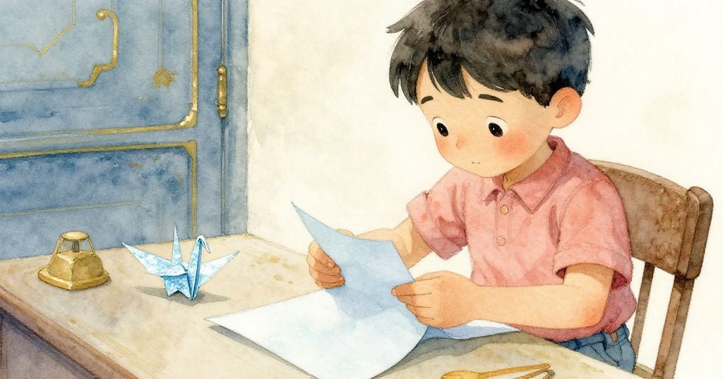 Ivan專注地摺紙，桌上雪亮的紙鶴與藍色紙張形成鮮明對比，燈光聚焦細節，充滿詩意。