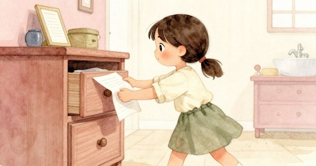 Greta低角度鏡頭中步履堅定跨步取紙，古色木質抽屜背景映襯出家族傳承，面帶懷舊與決心。