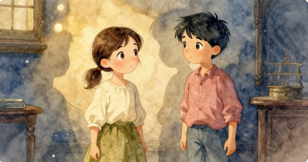 燈光下紙張折痕脆裂散塵，Ivan與Greta表情半隱於陰影中，溫暖古色調中透露神秘而柔情。