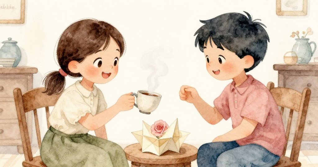 Ivan與Greta面帶微笑慶祝，Ivan輕放茶杯，熱氣與紙藝交融，溫暖柔和燈光襯出手工創作的奇妙瞬間。