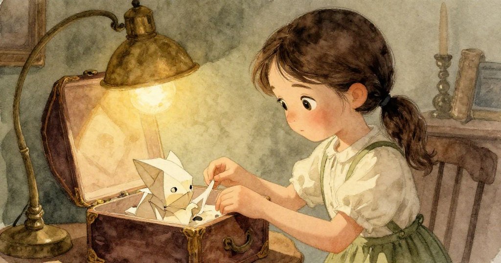 Greta靜靜關上古老盒子，面露柔和反思，桌上紙藝生物與微暗燈光共鳴，繪出安靜溫馨的結局。