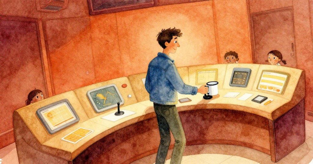 布雷克在充滿金橙暖光的房間內，驚訝地將搪瓷杯放在操縱桿旁，房間傾斜呈現神秘氛圍。