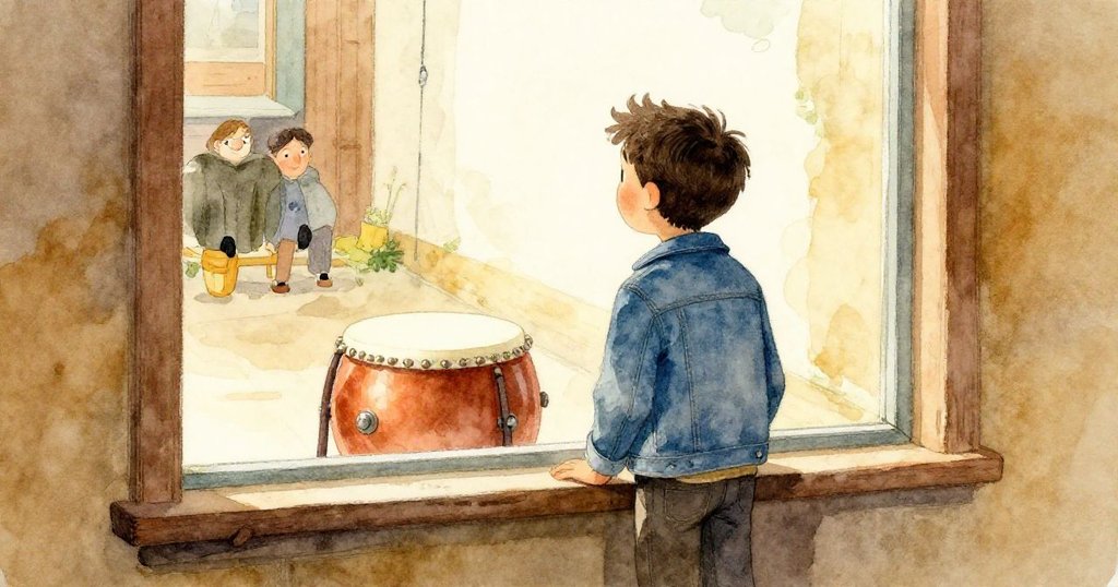 布雷克透過窗戶注視外面靜止的纜鼓，室內外光影交錯，神情沈思且略帶憂慮。