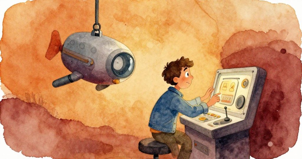 布雷克專注操作ROV控制板，室內燈光逐漸變換，顯示時間流逝與他堅定的探索心情。