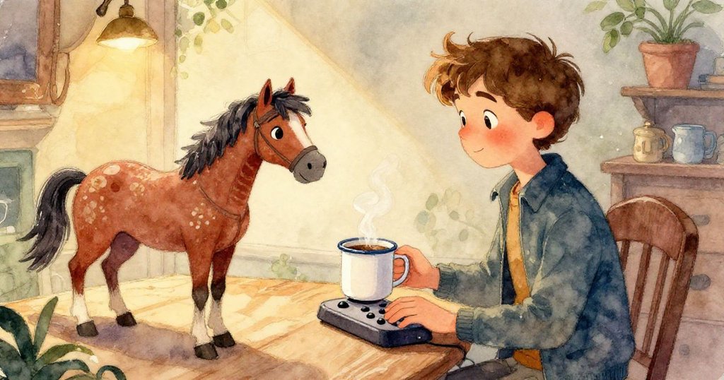 布雷克的手指輕懸於推進開關上，燈光下塵埃旋轉，似隱現馳騁馬影，細節豐富且意境凝重。