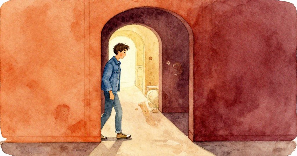 布雷克走入昏暗走廊，背影瀰漫金橙暖光，心中懷念失落裝飾，神情平和且深沉。