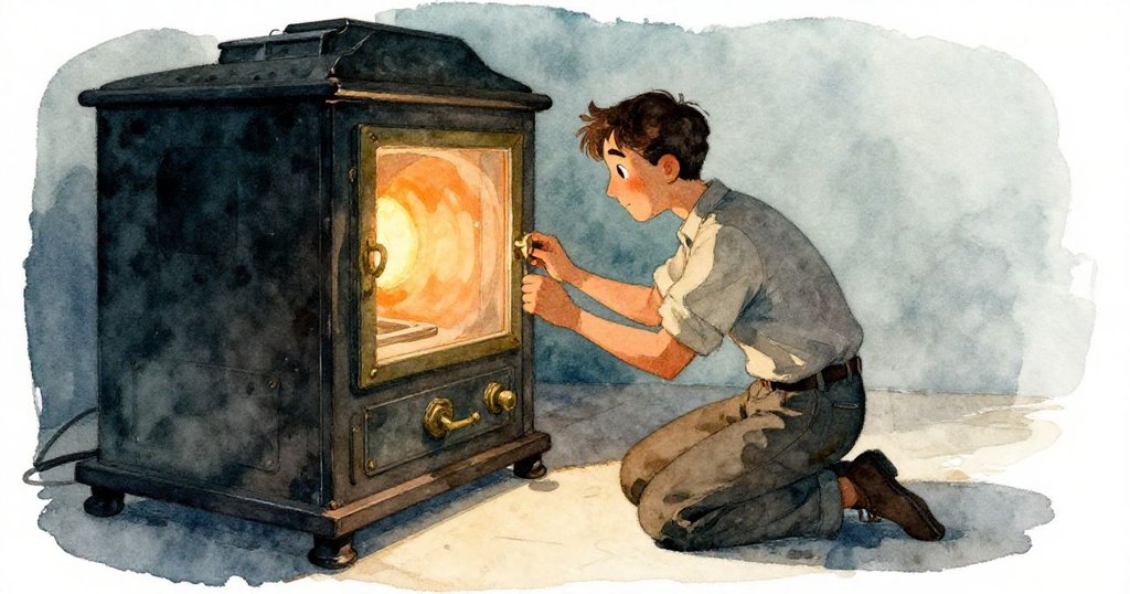 格倫在暗房中認真檢查鬆動的銅製門閂,暗房裡燈光柔和,表情專注,呈現開始工作的情景。