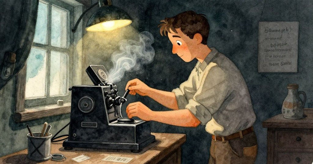 格倫調整放大機柱子,身後透過窗戶送入涼爽走廊空氣,暗房內燈光溫暖,專注於昨日底片的處理。