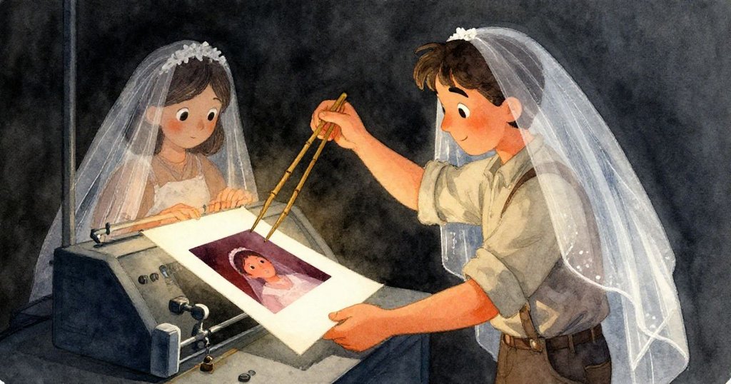 格倫用竹夾小心提起一張正在顯影的作品,畫面呈現新娘紗幕與暗銀痕跡的雙重效果,燈光對比明顯。