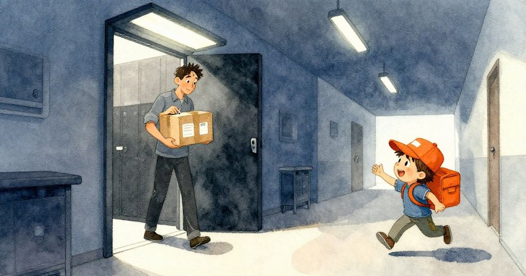 格倫走出暗房,步向金屬大門簽收包裹,走廊中燈光明亮,快節奏中透露出一絲急迫與互動情景。