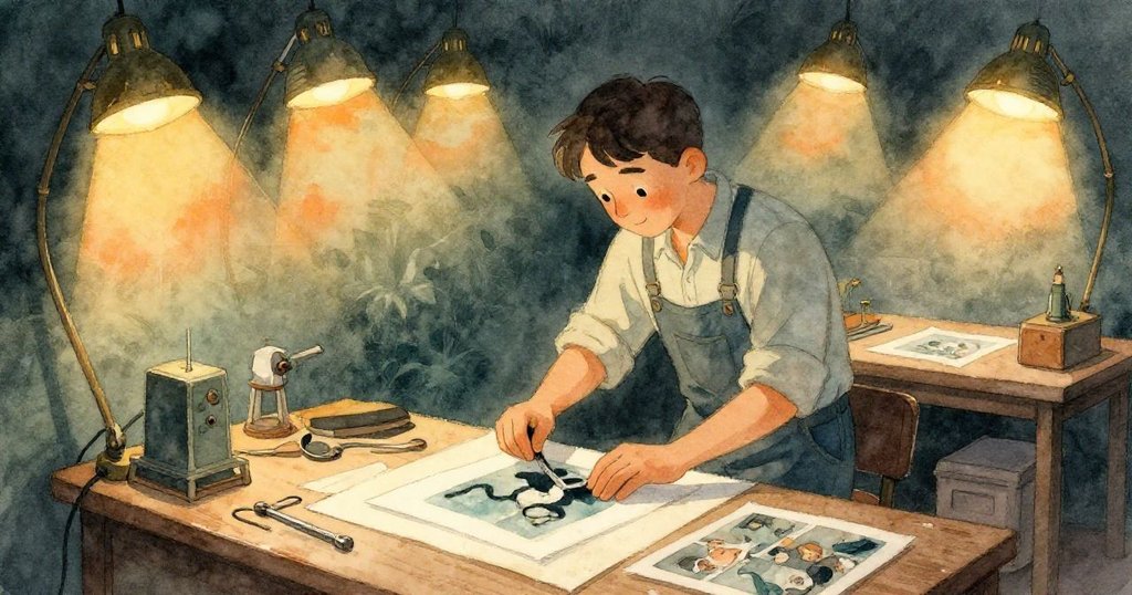 格倫回到暗房,細心修剪並整理顯影作品,均勻的溫暖燈光照亮整個工作區域,呈現完成與平靜的氛圍。