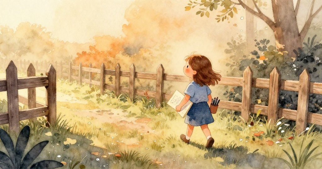 莎拉在清晨走在露水閃爍的草坪上，手持素描本與石墨杯，背景光影柔和展現溫暖晨曦。