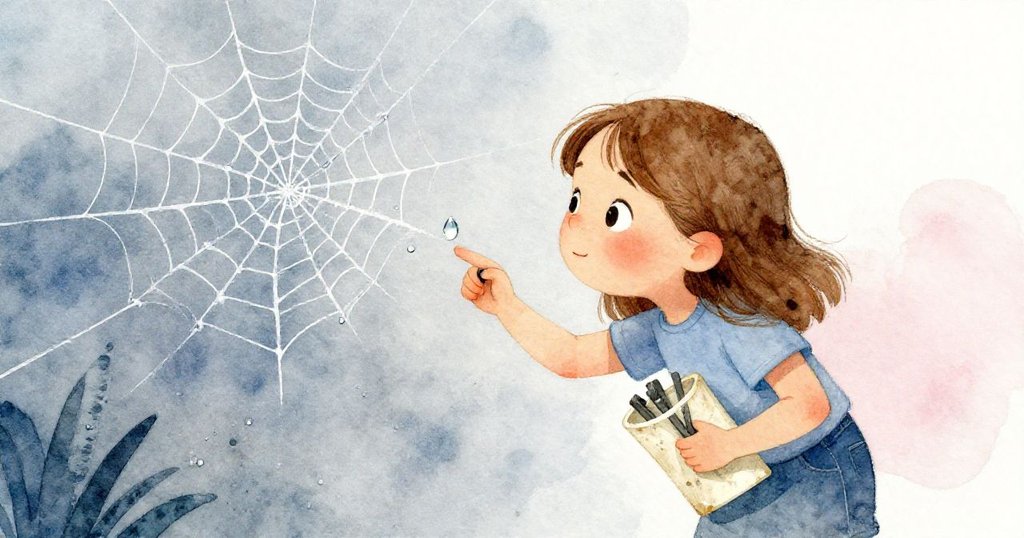 莎拉彎下身仔細觀察枝上蜘蛛網中一顆光亮露珠，臉上流露著好奇與專注的神情。