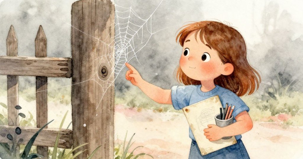 莎拉手指輕觸老舊木柱感知微微顫動，展現她與自然之間柔和且深刻的互動與連結。