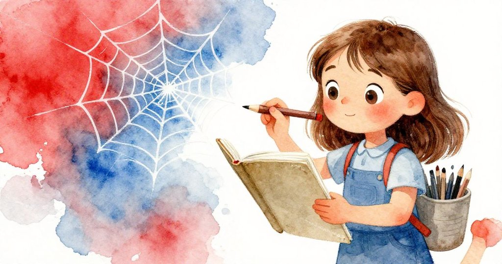 莎拉專注且充滿驚奇，手持鉛筆在打開的素描本上描繪蜘蛛網細微韻律，展現創作決心與自然奧秘。