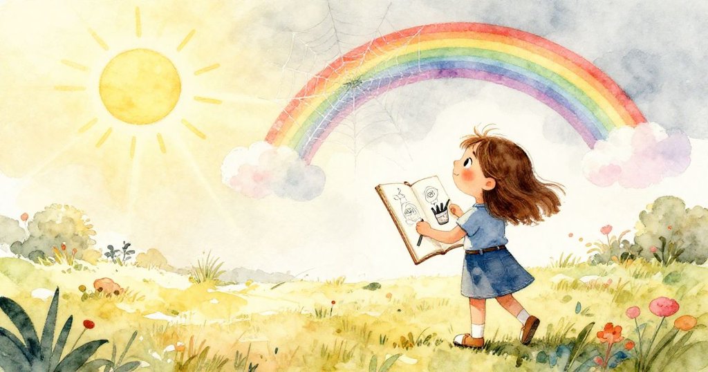 莎拉站在陽光下回望充滿生動線條的素描本，蜘蛛網上彩虹閃爍，呈現與大自然溫馨團聚的美好瞬間。