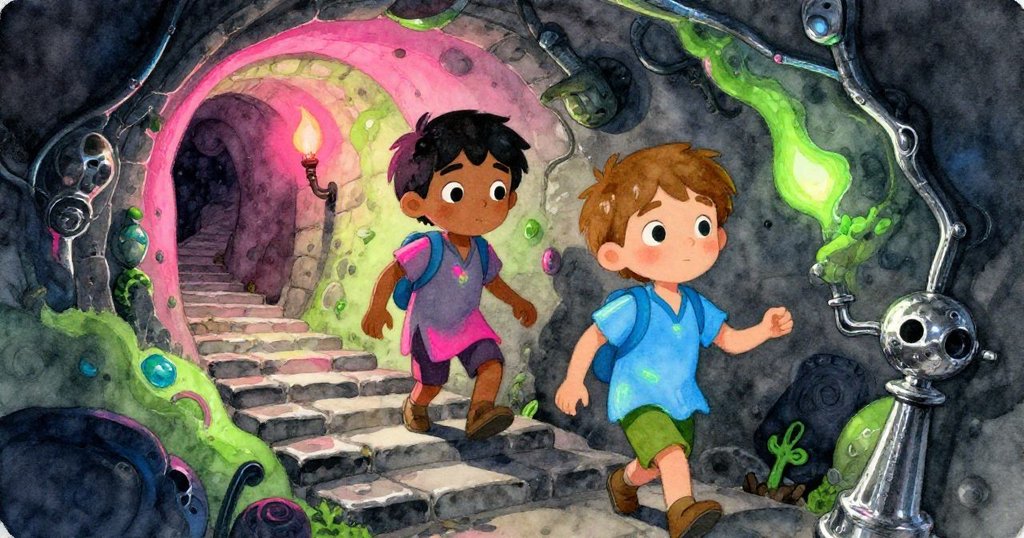 Jude和Sam走出狹窄階梯進入古老石窖，臉上映出好奇與謹慎，燭光搖曳映出神秘石拱形的背景。