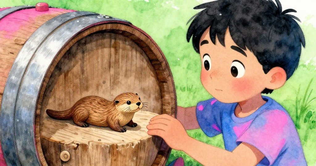 Jude輕觸橡木酒桶旁的木板，驚喜發現隱藏在陰影中的微小木雕水獺，細節豐富且流露驚訝神情。