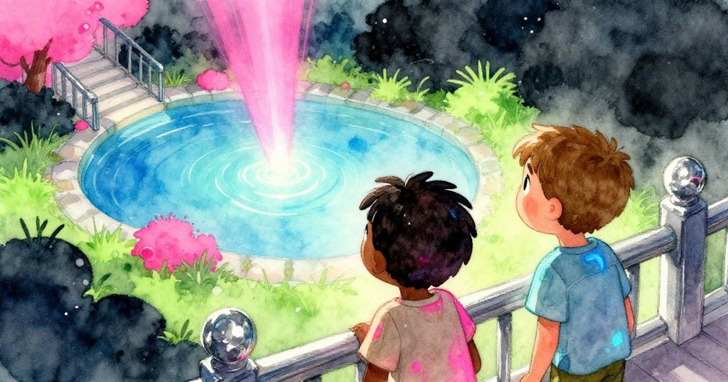 Jude和Sam背向觀眾站在階梯上，凝望頂端聚集的光點，象徵著希望與神秘故事的轉折。