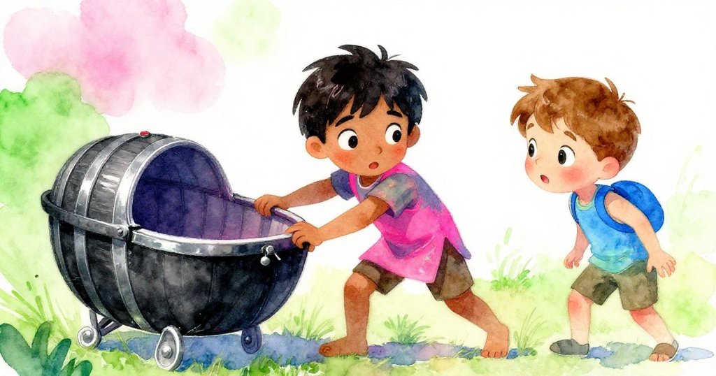 Jude急推搖晃的酒桶架，Sam全神貫注協助，兩人動作協調，展現出緊張與迅速恢復平衡的情景。