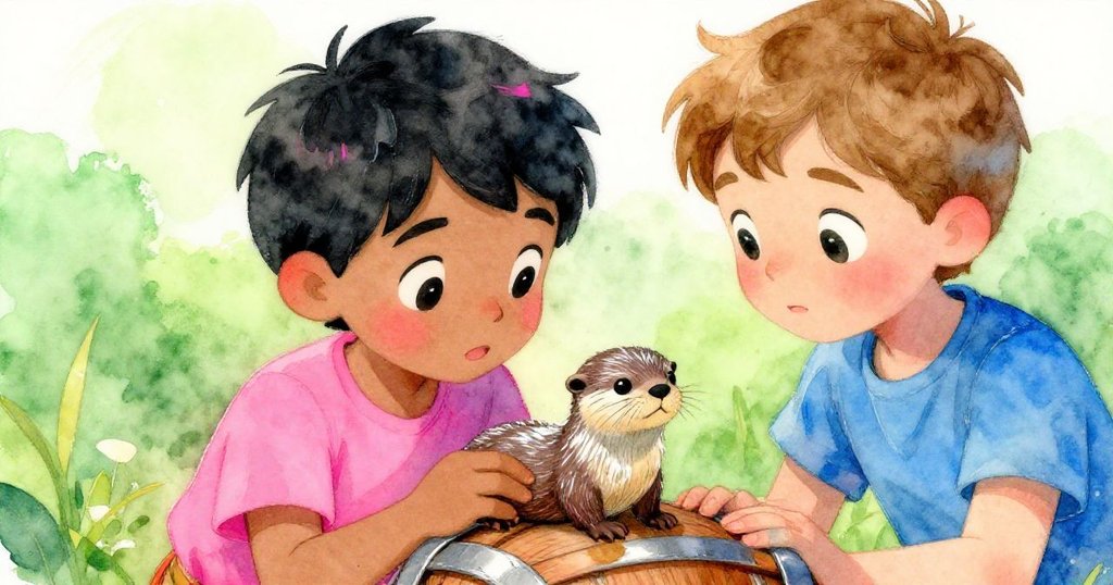 Jude輕柔提起微小木雕水獺，Sam側身仔細觀察穩固的酒桶架，兩人流露出驚奇與堅定，展現出發現和平靜的時刻。