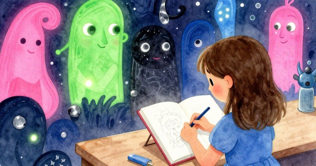 從塔拉肩後看見她專心描繪速寫本，背景充滿柔和霓虹燈光與漸變畫作，展現轉變中的奇幻氛圍