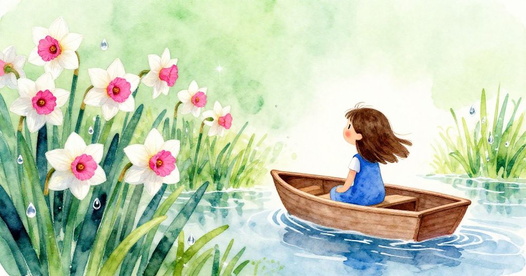 塔拉凝視戶外，船隻滑出室內，四周鮮花盛開與水花閃爍，展現從室內向大自然轉場的活力