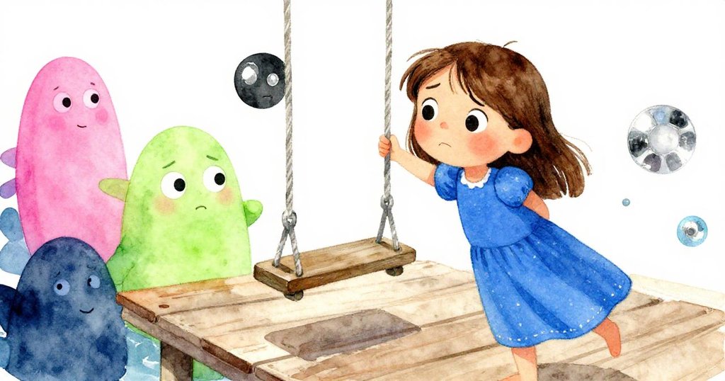 塔拉站在碼頭上，猶豫伸手觸摸搖動的皮帶，面露內心糾結與思索，背景映出船隻與水光