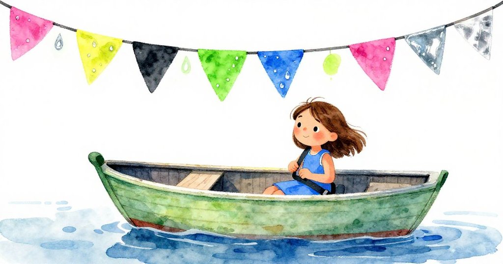 塔拉在彩旗飄揚下鎖好皮帶，船隻在陽光映照的水滴中平穩漂流，象徵內心和解與寧靜結局